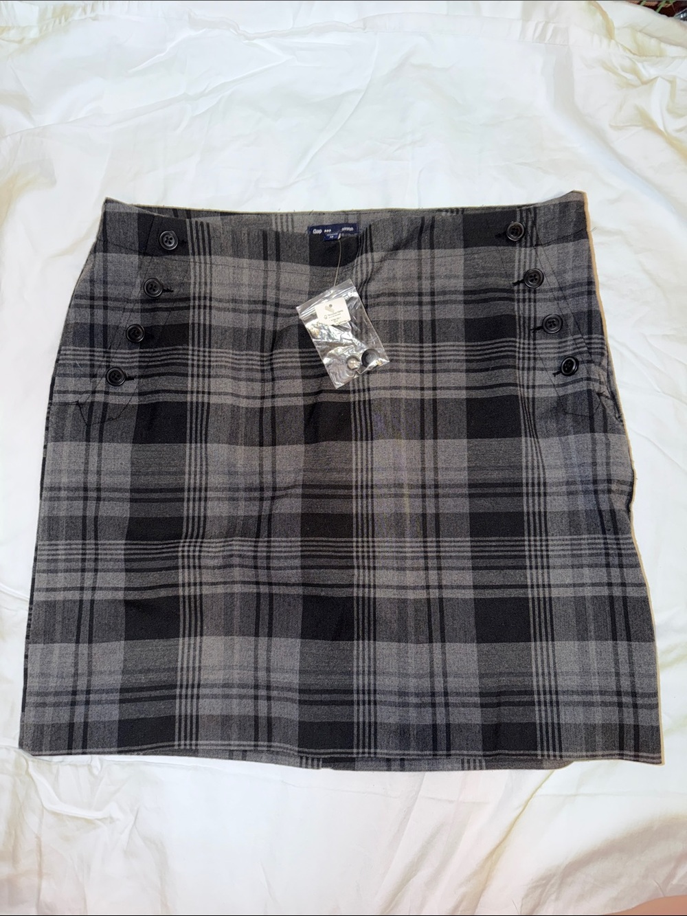 GAP Black & Gray Plaid Mini Skirt with Side Button Detail